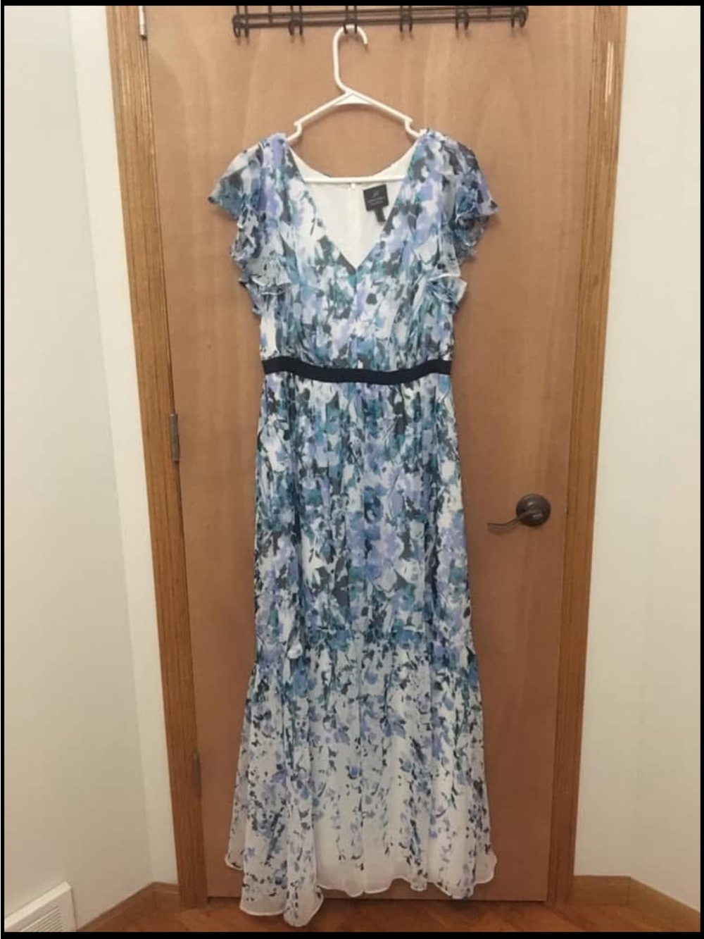 Adrianna Papell Blue and White Floral V-Neck Maxi Dress